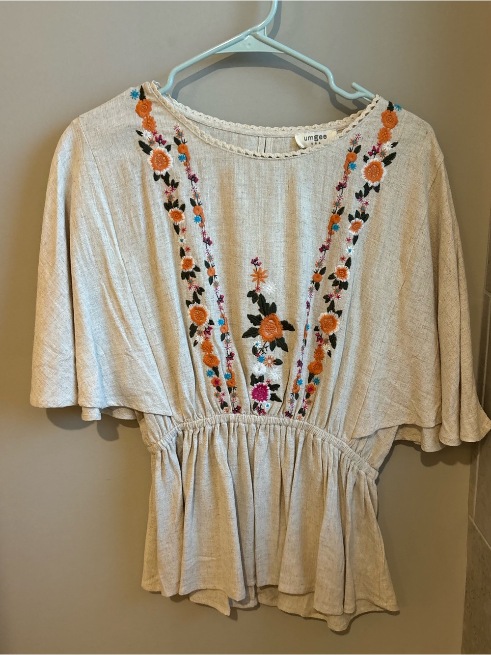 Umgee Cream Blouse with Orange and Blue Floral Embroidery
